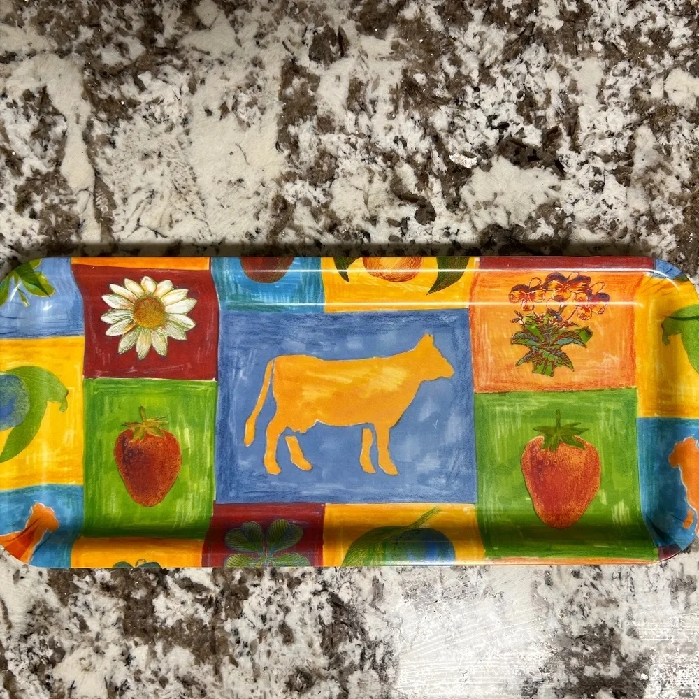 Delta Group srl Long Tray Made In Italy with cow, floral and strawberry design